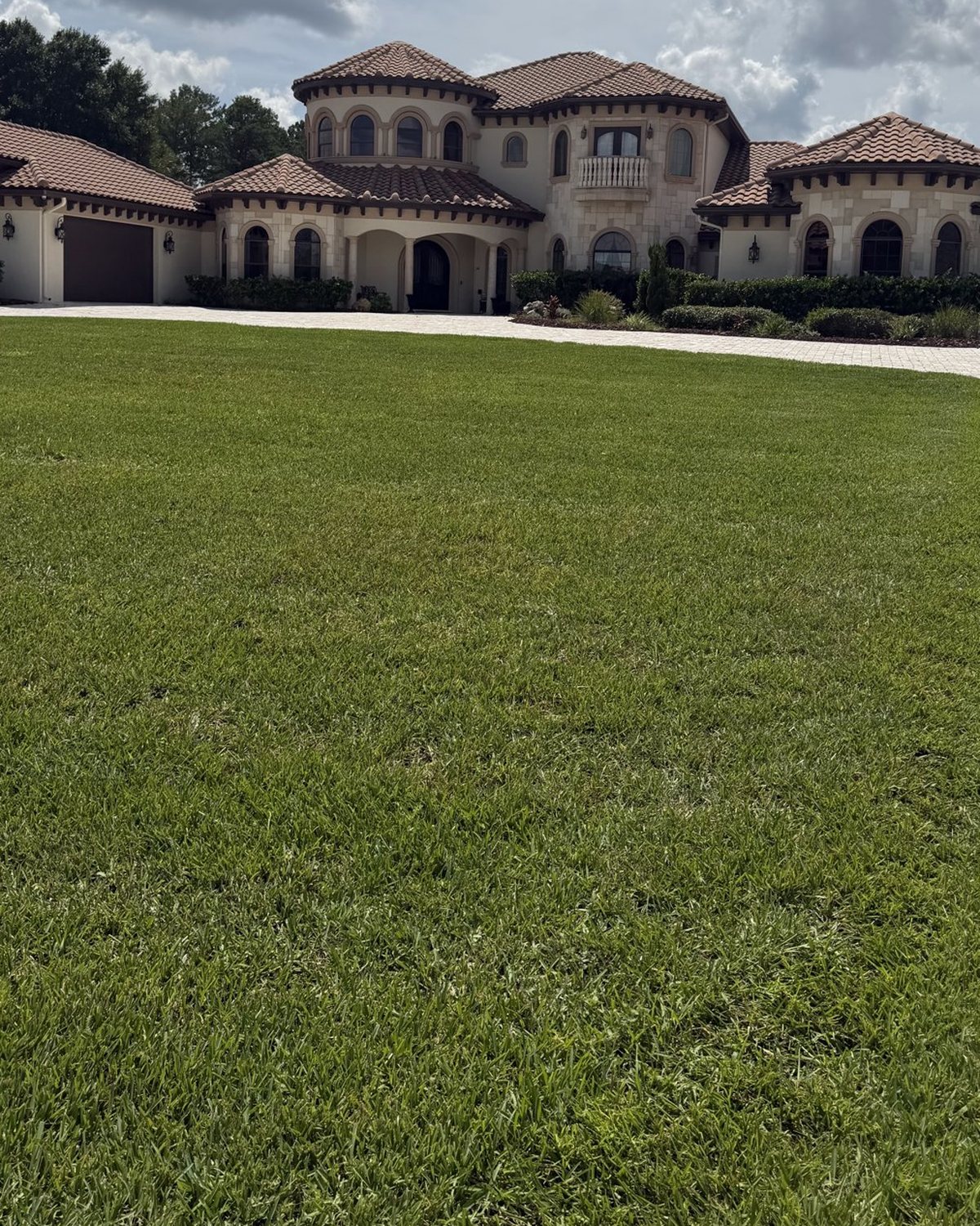 Wide front lawn freshly mowed in front of a large home