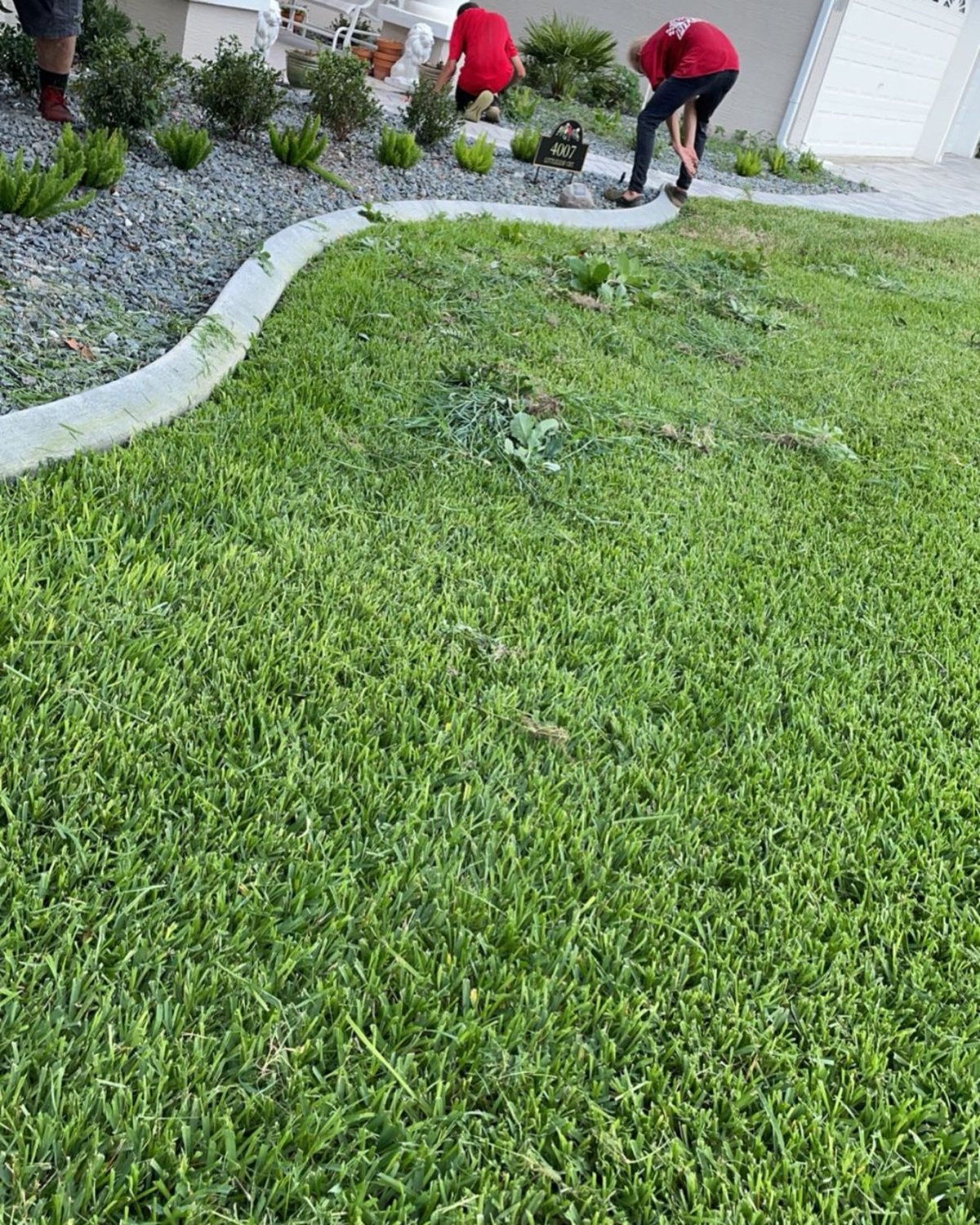 Supreme Landscape crew installing a rock border along a front lawn