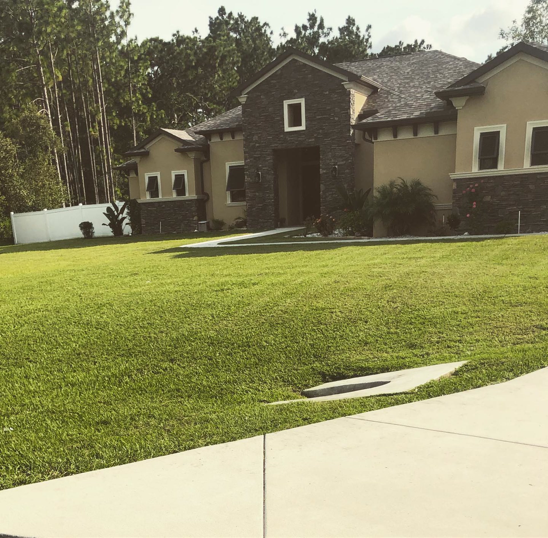 Freshly mowed and edged front lawn with crisp stripes